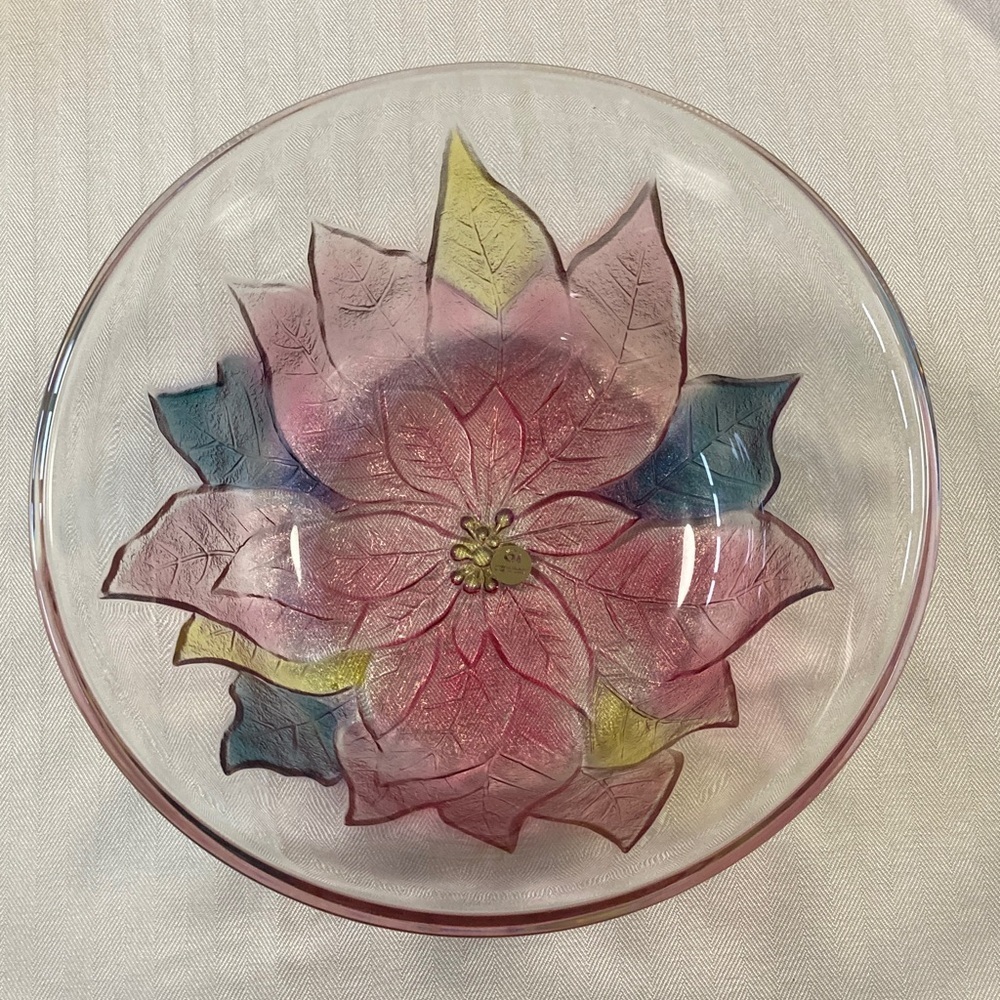 VTG Aderia Glass Bowl Lrg 10 3/4" x 4" Poinsettias Christmas Holiday JAPAN MADE